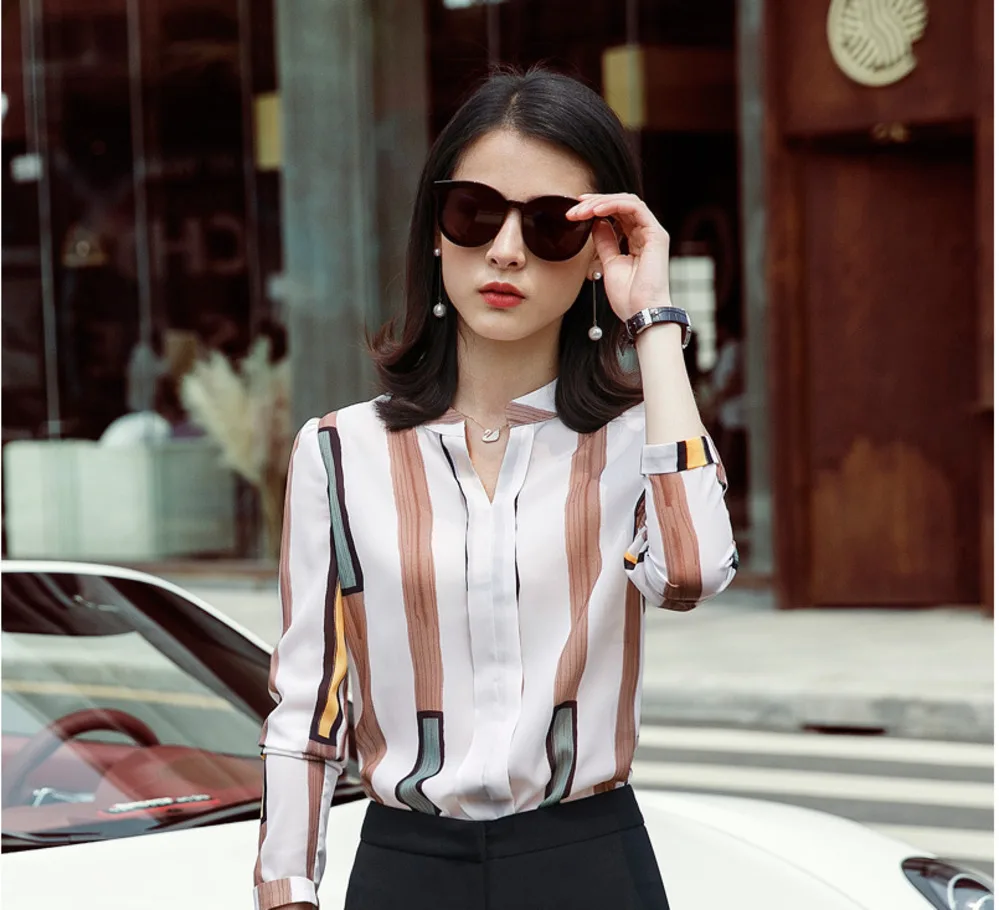 

Fashion Formal Casual Womens Striped Tops Blouses Elegant Long Sleeve Shirt Ladies Dames Blusa Feminina Office Ladies Business