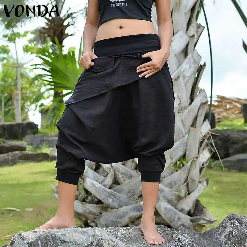 VONDA 2019 الصيف النساء سراويلي حريمي الربيع عارضة فضفاض مرونة الخصر السراويل الصلبة خمر قيعان جيوب السراويل زائد حجم