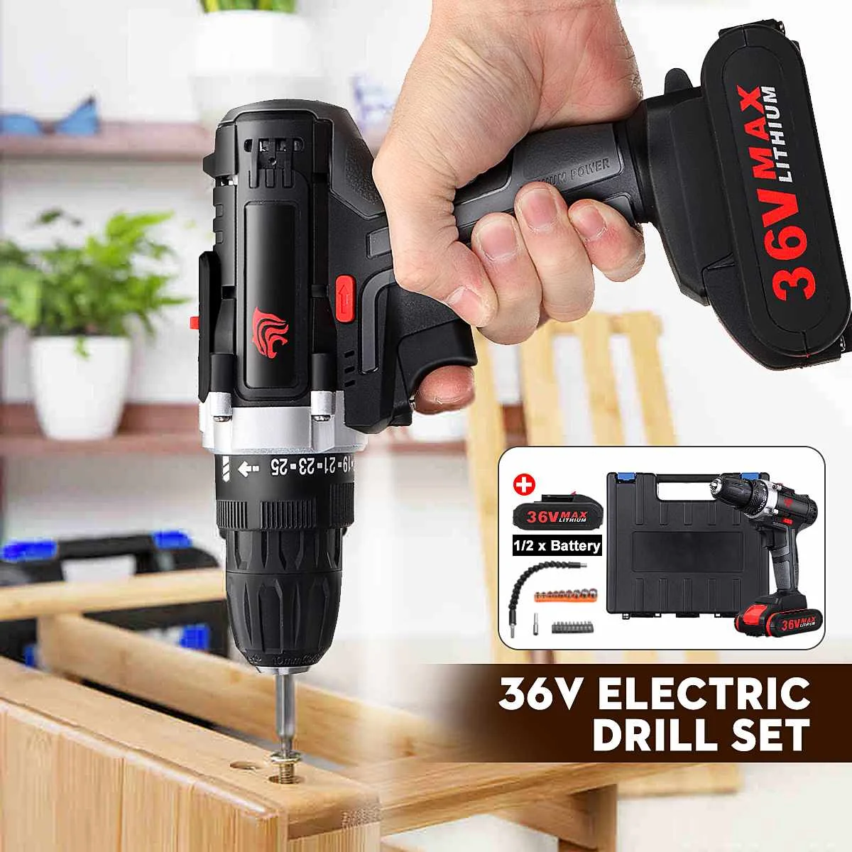 

36V Cordless Electric drill screwdriver Double Speed Adjustment LED lighting Power Tool with Sleeve,Screwdriver head