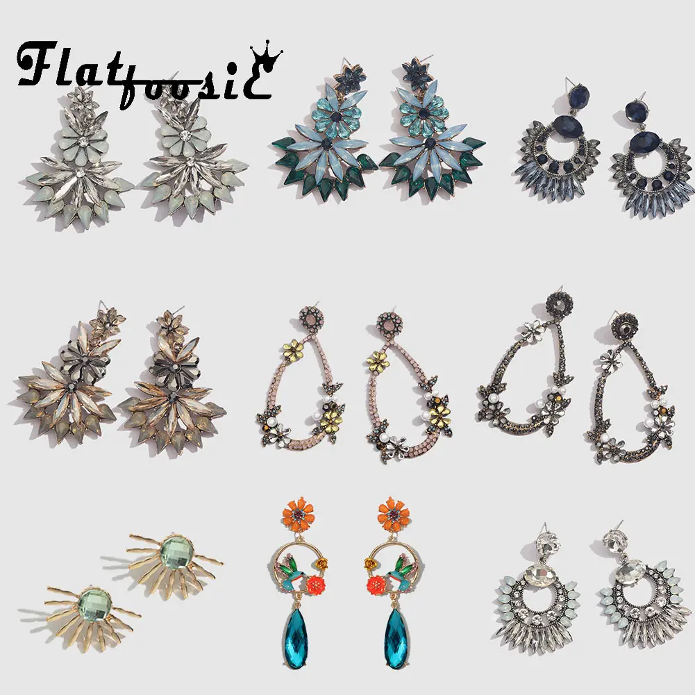 

Flatfoosie Fashion Crystal Dangle Earrings For Women Elegant Flowers Wedding Long Drop Earring 2019 New Design Bohemian Jewelry