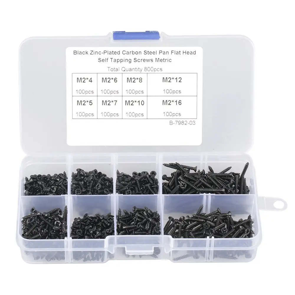 

800pcs M2 Black Carbon Steel Countersunk Flat Cross Head Self Tapping Tool Screws Set Tool Box