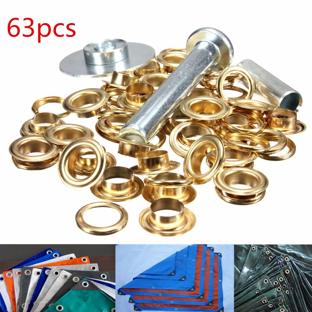 63Pcs Brass Coated Tent Accessories Punch Grommet Tarp Repair Kit Set