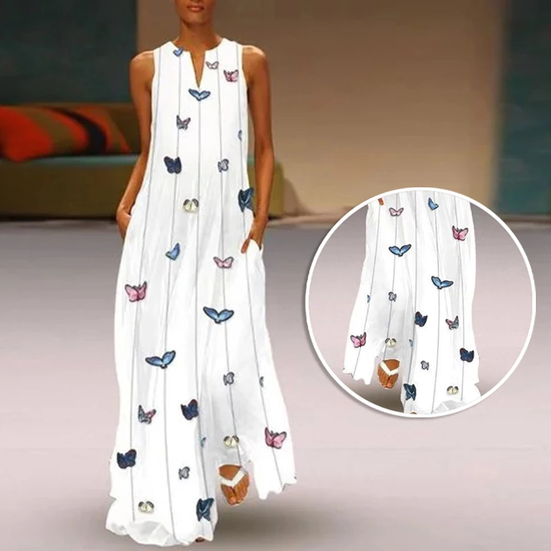 

Beach Women Sleeveless Tank V Neck Sundress Butterfly Plain Long Maxi Dress Plus