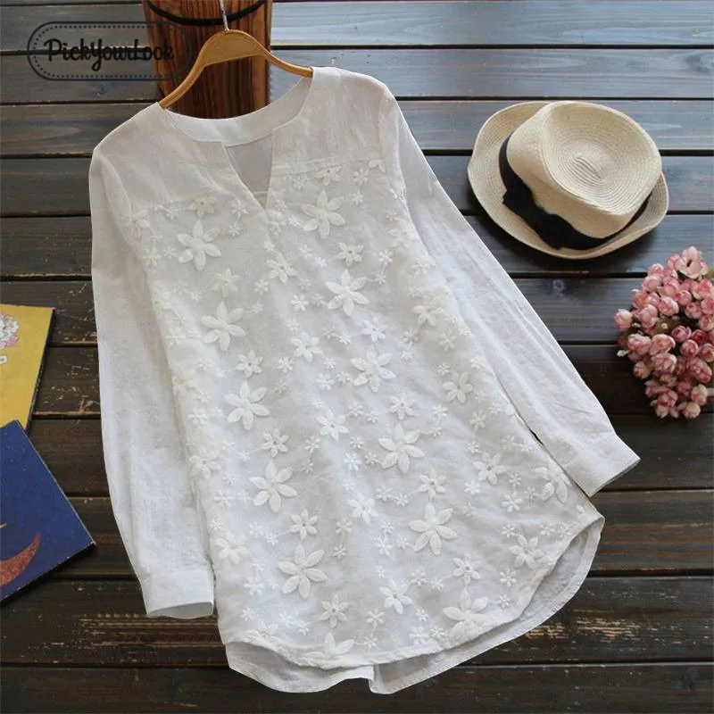 

PickyourLook Women Blouses Plus Size Lace Floral Loose Tops White Long Sleeve Cotton Linen Shirt Casual V Neck Female Blouse 5XL