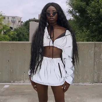 

Zipper Hooded Jacket Mini Skirt Set Long Sleeve 2 Pieces Set Fashion Crop Top Women Set