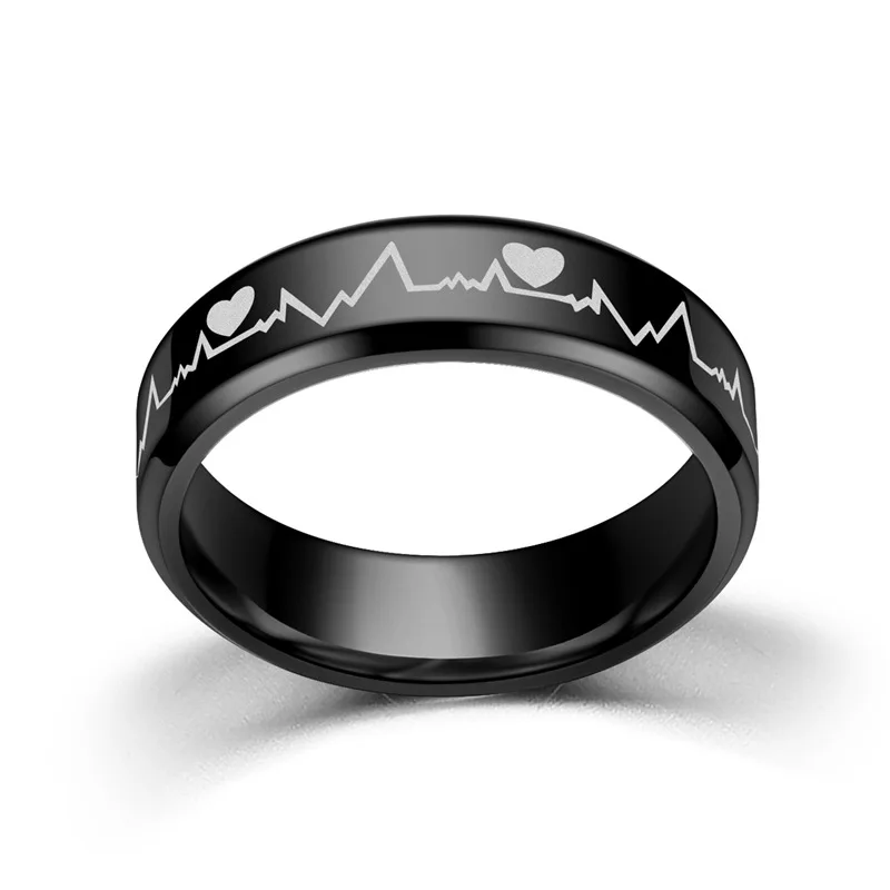 

Fashion Creative 6mm Rings Electrocardiogram Stainless Steel Ring Heart Pattern Men's women Jewelry