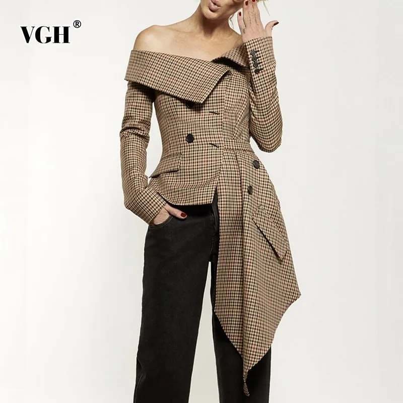 VGH клетчатый Блейзер, топы для женщин, пэчворк, с вырезом лодочкой, с длинным рукавом, на шнуровке, с открытыми плечами, модная повседневная куртка для женщин, осень