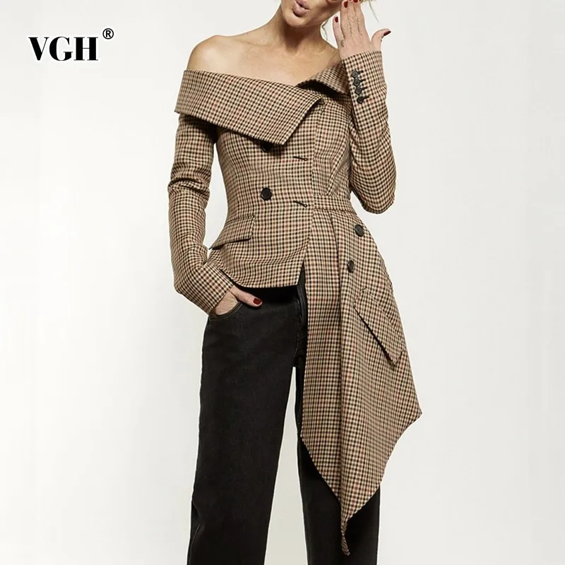 

VGH Plaid Blazer Tops Female Patchwork Slash Neck Long Sleeve Lace Up Off Shoulder Fashion Casual Jacket For Women 2019 Autumn