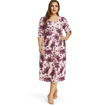 

2019 Spring Women A Line Midi Dress Plus Size Floral Print 3/4 Length Sleeve Autumn Dress Women Work A-Line Casual Female Dress