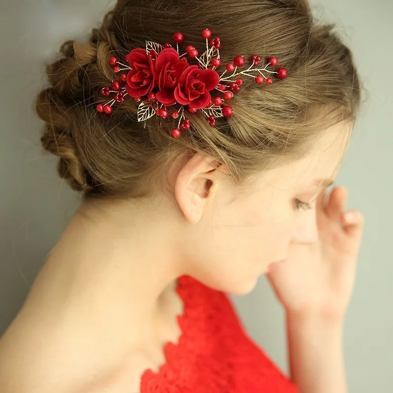 Аксессуары для волос с красными розами, женская заколка для волос, заколка для волос, украшение для невесты, свадебное платье, заколка, свадебное украшение