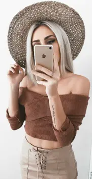 

Lady Woolen Off Shoulder Knit Long Sleeve Sweater Cross Wrap Cropped Tops