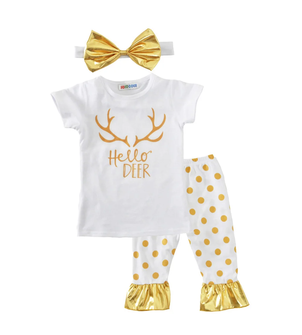 

3pcs Children's suit baby toddler summer girl short-sleeved letter antler top + polka dot pants two-piece suit party