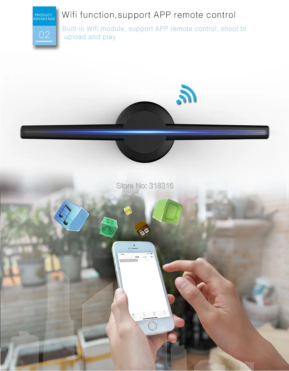 

floor stand lcd touch screen advertising display with 3d wifi 42cm hologram fan