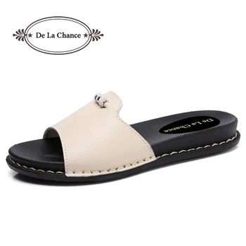 

Designer 2018 New Summer Lolita Woman Leather Solid White Rhinestone Flip Flops Shoes Female Flat Sandals Slide Shoe Slippers