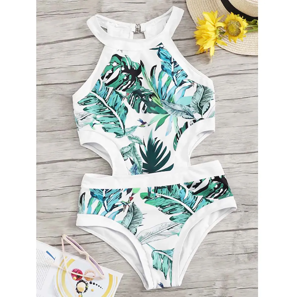 

Tropical Leaf Print One Piece Swimsuit 2019 Sexy Women Swimwear Strappy Padded Swimming Suit For Women Back w Bodysuits Monokini