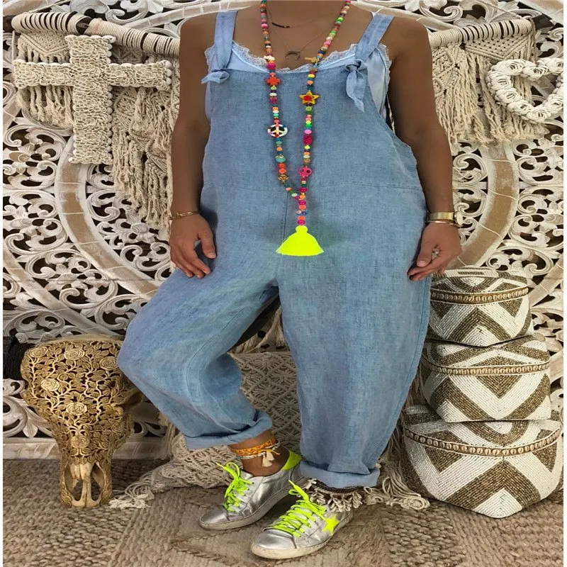 

New Trendy Women clothes sleeveless Casual Loose Cotton Jumpsuit square collar pocket Strap Overalls one pieces