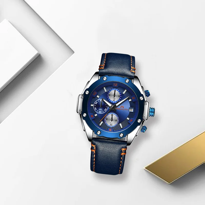 

MEGALITH Waterproof Analogue Date Quartz Wrist Watch Gents Blue Leather Strap Watch Men Clock Sport Chronograph Watches For Men