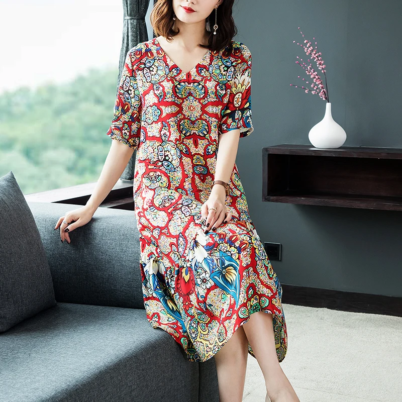 

Vintage Silk Dress 2018 Floral Print Summer New Dresses Plus Size M-3XL Gown Lace Stitching Short Sleeve Robes