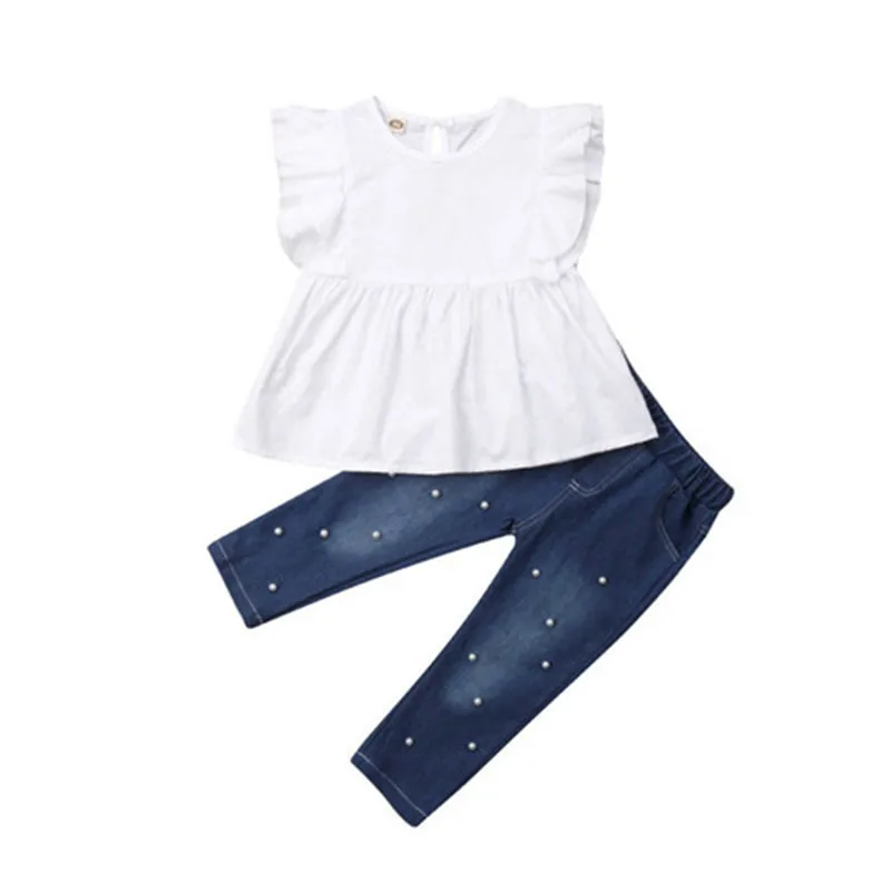 

New Summer 2Pcs Toddler Kids Baby Girls Cotton Top T-shirt Denim Long Pants Outfits Clothes Toddler Girl Clothes O-neck