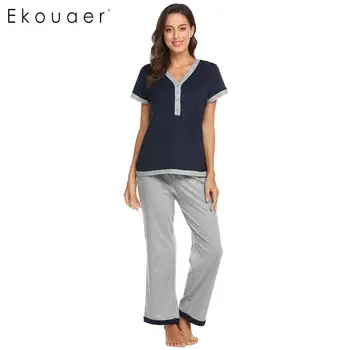 

Ekouaer Women Sleepwear Pajamas Set Short Sleeve V Neck Elastic Waist Long Pants Pyjamas Set Female Soft Cotton Nightwear S-XXL