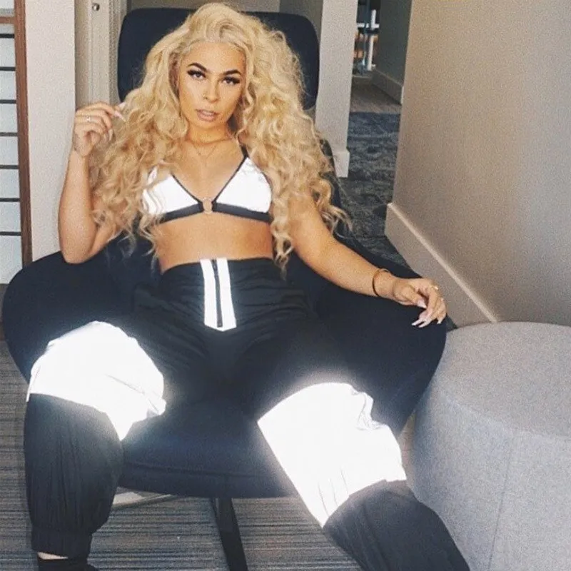 

Women Camis Reflector Patchwork Cargo Pants 2 Pieces Set High Waist Casual Suit Fake Zippers Trousers Sexy Set