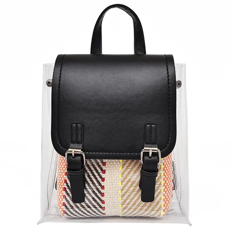 

Summer Beach Backpack For Girls Ladies Pink PVC Clear Backpack Set Women With Straw Inner Bag Female Small Schoolbag
