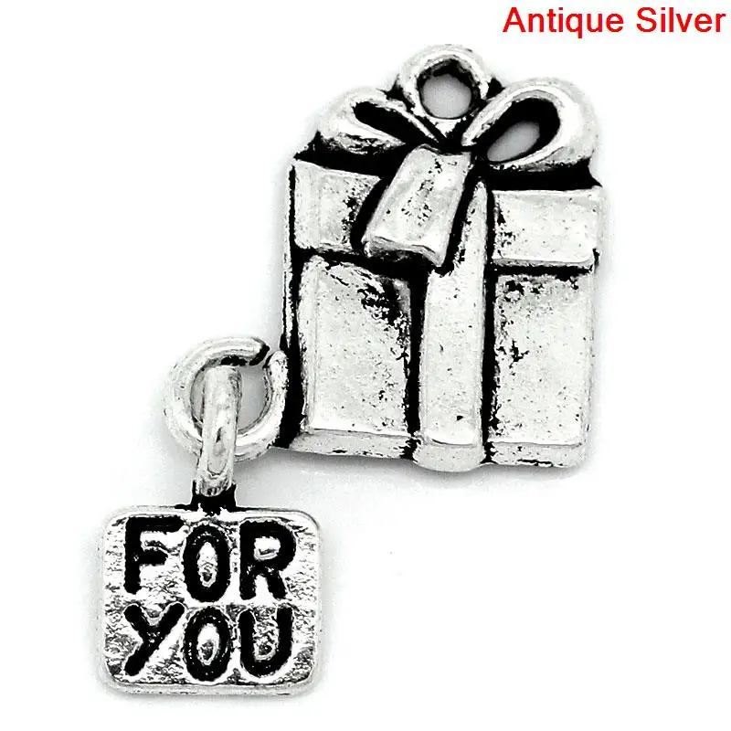 

Charm Pendants Christmas Gift Box Antique Silver "For You" Message Carved 26x16mm,20PCs (B27235)