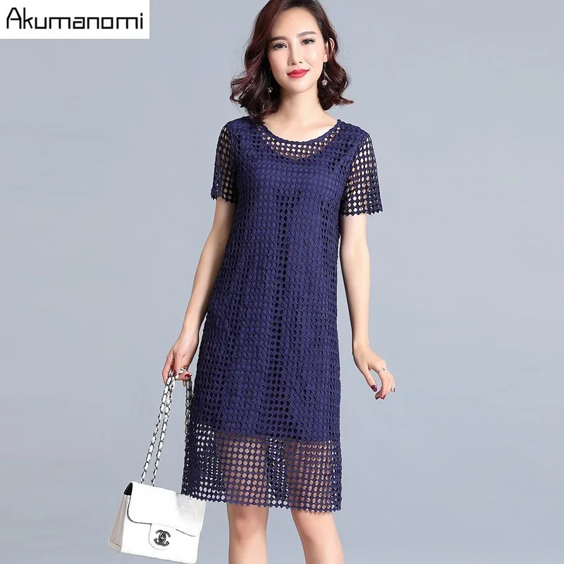 

Akuma Summer Dress Women Plus Size Checkered Pattern O Neck Sheer Mesh Shirt Dress Shift Dress OL Vintage Party Big Size Dress