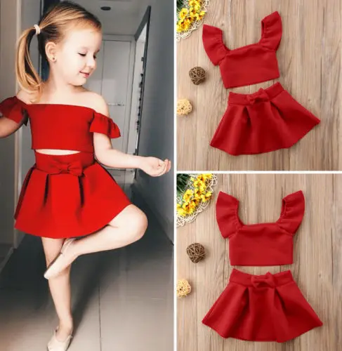 

2Pcs Kids Baby Girls Clothing Set Stylish Off Shoulder Crop Tops+ Red Bowknot Tutu Skirt Outfits Set Baby Girl Costume 0-4T