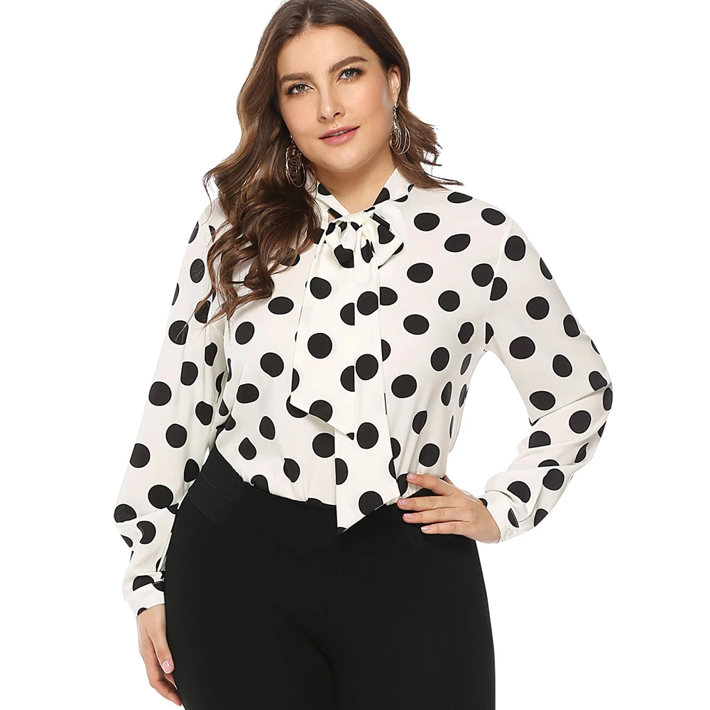 Wipalo Women Plus Size Polka Dot Bow Tie Collar Blouse Spring Summer OL ...