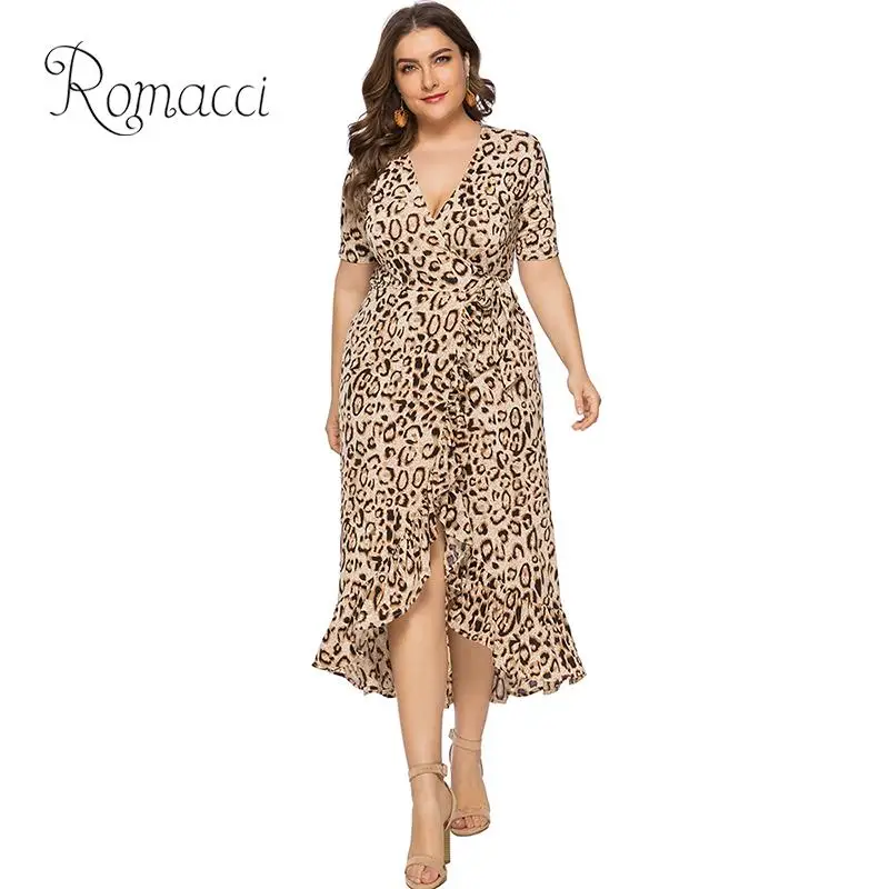

Romacci Sexy Women Plus Size Leopard Dress Ruffles Deep V Neck Short Sleeve Summer Dress 2019 Asymmetric Oversized Party Dresses