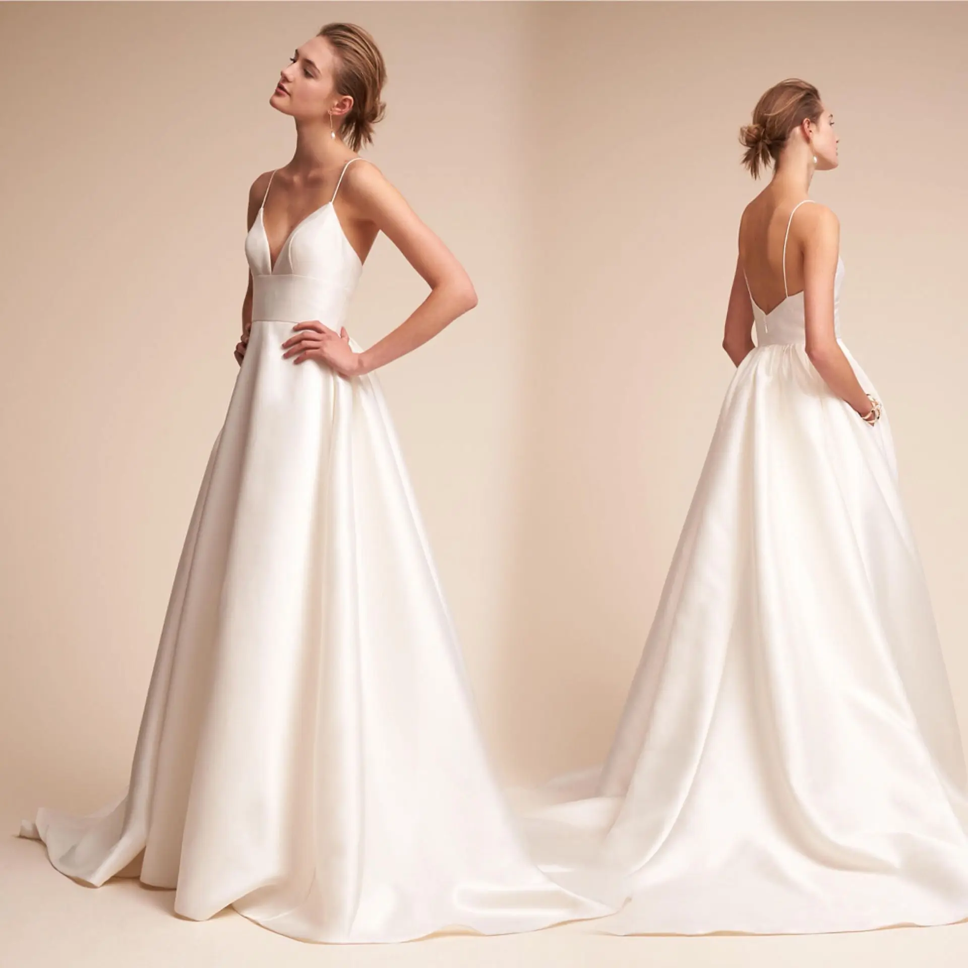 

Vivian's Bridal Fashion Satin Reflective Dress Sexy Summer Spaghetti Straps Backless Beach Wedding Dress Deep V-neck Bridal Gown