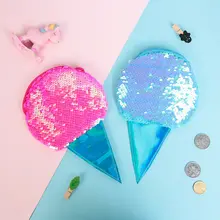 Милая сумка для монет для маленьких девочек, кошелек контрастного цвета с блестками и мороженым