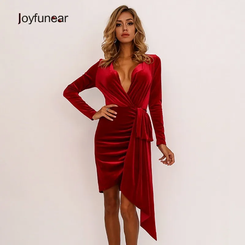 

Joyfunear 2019 Velvet Red Women Dress Sexy Bodycon Clubwear Party Dresses V Neck Sashes Asymmetrical Red Mini Dresses Vestidos