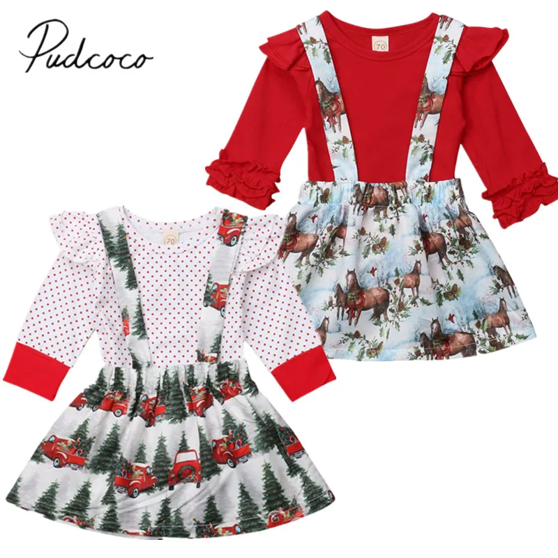 

2018 Brand New Infant Baby Girls Xmas Clothes Santa Sets 2PCS Ruffles Sleeve Cotton Romper Tops+Print Bib Strap Overall Skirts