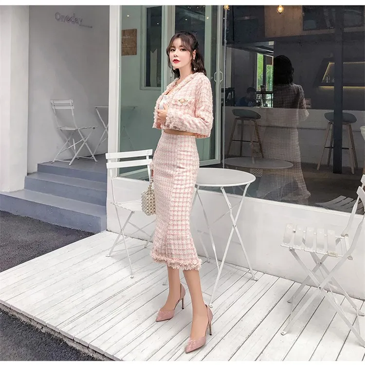 

Autumn New Fashion Women Plaid Two Piece Set Elegant Pocket Short Coat and High Waist Fishtail Skirt Suit OL Solid Tweed Suits