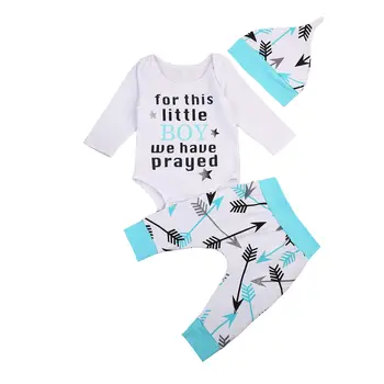 

3 pieces For this little boy we have prayed Print Long sleeve Bodysuit Top,arrows Print Pant with Hat Set For Baby Boy