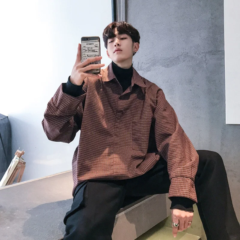 

2019 Spring New Men's Long-sleeved Shirt Small Lattice Loose Type Bottoming Fake Two High Collar Shirt Fashion Casual Youth City