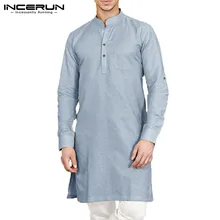 INCERUN, повседневная Хлопковая мужская рубашка со стоячим воротником, с длинным рукавом, одноцветная длинная рубашка для мужчин, Мусульманский Исламский костюм, индийский костюм для мужчин