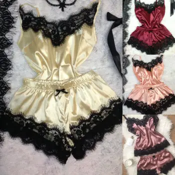 

2019 New Fashion Lace Sleeveless Sexy-Lingerie-Women-Silk-Lace-Robe-Dress-Babydoll-Nightdress-Nightgown-Sleepwear