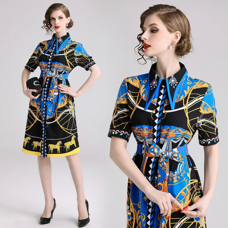

2019 quality Summer Newest Runway Designer Dress Women's Short Sleeve Shirt Collar Floral Printed Bow Dress