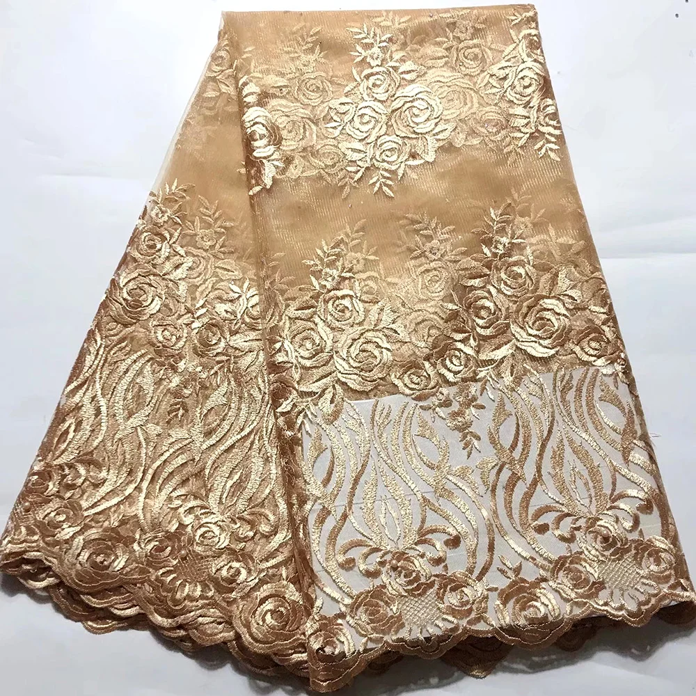 

2019 High Quality Lace African Gold Lace Fabric Embroidered French Nigerian Laces Fabrics 5 Yards Guipure Cord Lace With Stones