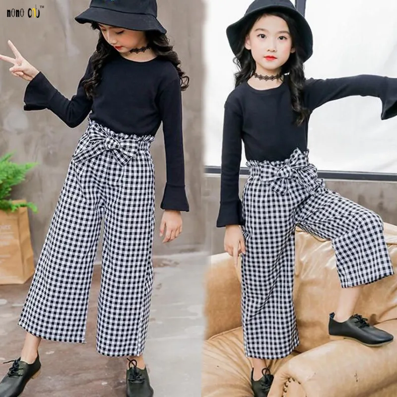 

Teenager Girls Clothing Set Children Outfit 2 Pcs Black T Shirt & Plaid Pants 2019 Spring Kid Clothing 4 5 6 7 8 9 10 11 12 Year