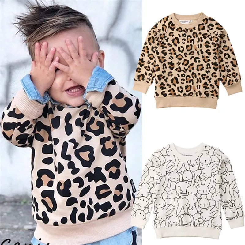 

2019 Kids Easter Cotton Clothes Kids Baby Girl Boy Bunny Leopard Print Sweatshirts Long Sleeves Pullover Sweatshirt Tops 1-7Y