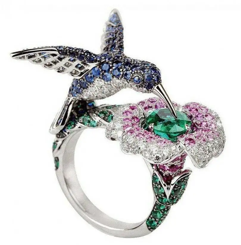 

6.5CT Animal Humming Bird 925 Silver Ring Wedding Cocktail Size 6-10