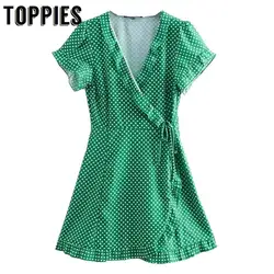 2019 летнее зеленое мини-платье в горошек с цветочным принтом и оборками, платье-футляр с v-образным вырезом, пикантная Клубная одежда, тонкое