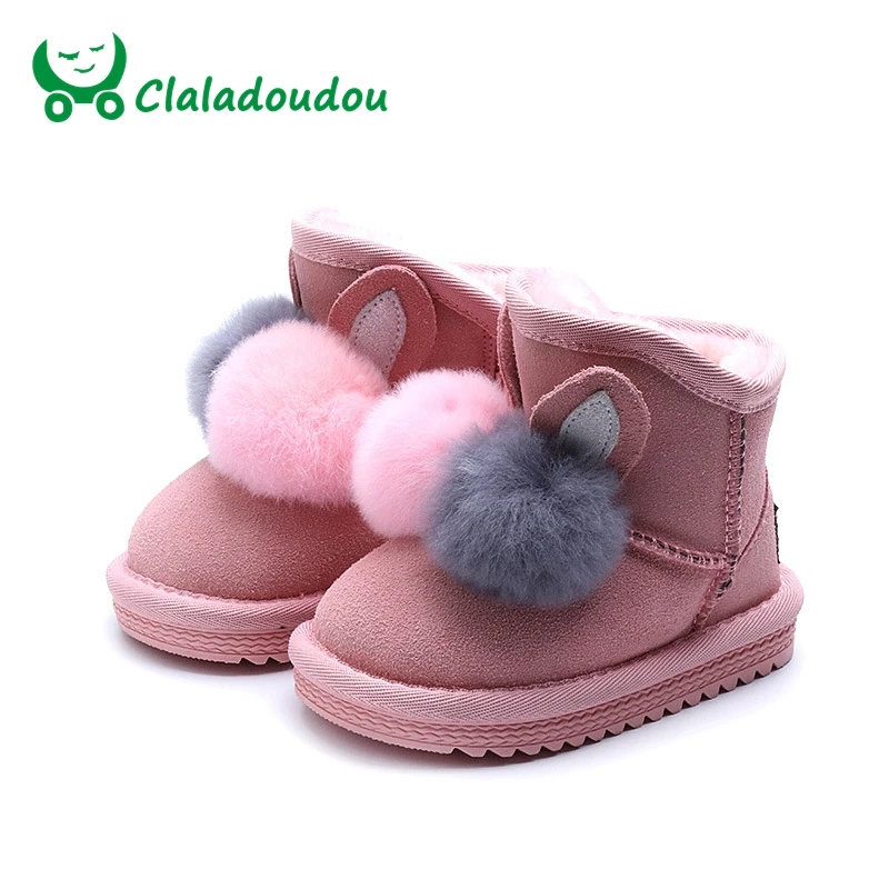 baratas Size21 37 Criança Dos Desenhos Animados Botas de Neve Crianças Menina de Bebê Da Marca de Moda Genuína Botas De Couro Criança Pompom Quente Preto Ankle Boot