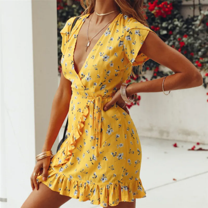 

Hot Sale Women Short Sleeve Floral Wrap Dresses Ladies Deep V-neck Ruffles Mini Dress Bohemian Beach Asymmetrical Hem Dress New