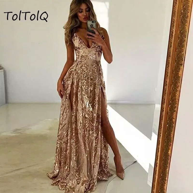 Женское платье с блестками TolTolQ Осеннее длинное глубоким вырезом и открытой