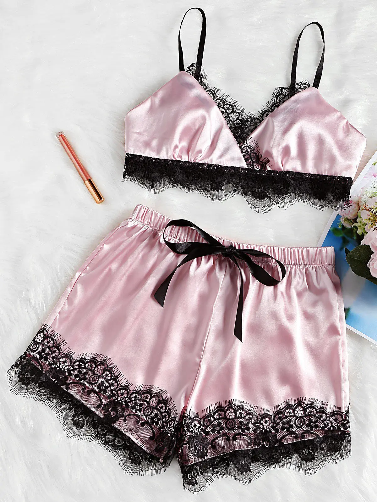 

Sexy Satin Lace Bra+Shorts Sleepwear Nightwear Pajamas Comfy Lingerie Set